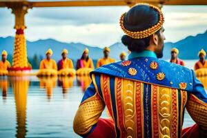 the man in the colorful outfit is looking at the people in the water. AI-Generated photo