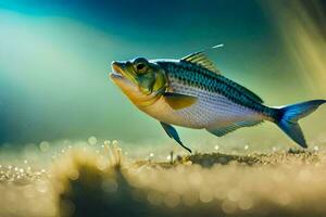 a fish is standing on the sand with a bright light. AI-Generated photo