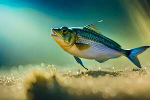 un pescado es en pie en el arena con un brillante ligero. generado por ai foto