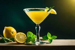 lemon martini in a glass with mint leaves. AI-Generated photo