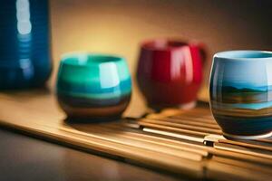 three colorful cups sit on a wooden table. AI-Generated photo