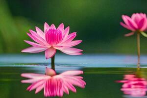 two pink lotus flowers are reflected in the water. AI-Generated photo