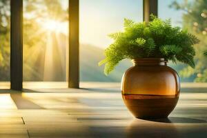 a potted plant sits on a wooden floor in front of a window. AI-Generated photo