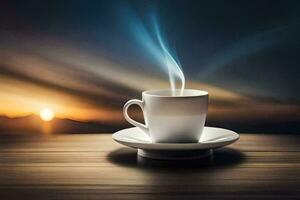 a cup of coffee on a table with a sunset in the background. AI-Generated photo
