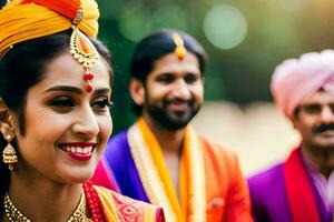 un novia y novio en tradicional indio atuendo. generado por ai foto