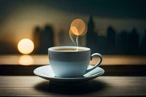 a cup of coffee on a wooden table in front of a cityscape. AI-Generated photo