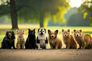 un grupo de perros y gatos en pie juntos. generado por ai foto