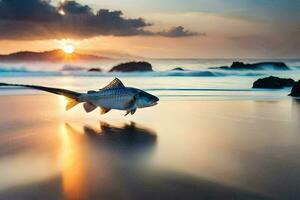 un pescado es caminando en el playa a puesta de sol. generado por ai foto