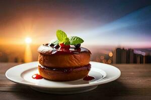 a dessert on a plate with a city view. AI-Generated photo