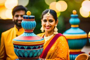 a couple in traditional indian attire standing next to colorful vases. AI-Generated photo