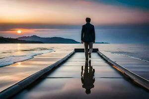 un hombre caminando en un muelle a puesta de sol. generado por ai foto