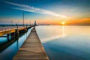 un largo muelle con un faro en el antecedentes. generado por ai foto