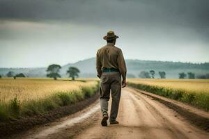 a man in a hat walks down a dirt road. AI-Generated photo