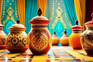 a group of colorful vases on a table. AI-Generated photo