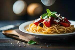 spaghetti with tomatoes and basil on a plate. AI-Generated photo