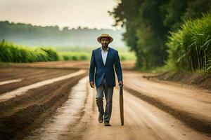 a man in a suit and hat walking down a dirt road. AI-Generated photo