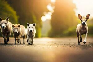 a group of dogs running on a road. AI-Generated photo