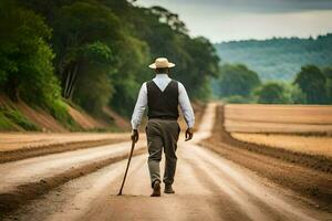 a man walking down a dirt road with a cane. AI-Generated photo
