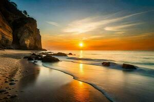 el Dom conjuntos terminado el Oceano y rocas en el playa. generado por ai foto