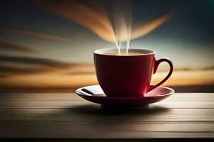 a cup of coffee on a wooden table. AI-Generated photo