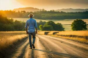 a man walking down a dirt road at sunset. AI-Generated photo