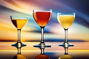 three glasses of different colored drinks on a table. AI-Generated photo