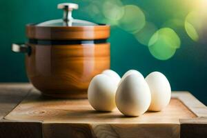 five eggs on a cutting board next to a pot. AI-Generated photo