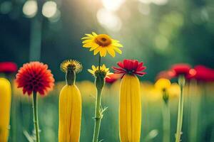 yellow flowers in a field with sun shining. AI-Generated photo