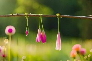 pink flowers hanging from a branch in a field. AI-Generated photo
