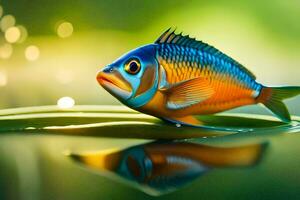 a fish is sitting on a leaf in the water. AI-Generated photo