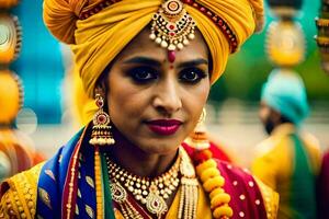 un mujer vistiendo un vistoso turbante y joyas. generado por ai foto