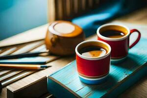 two cups of coffee on a wooden table. AI-Generated photo
