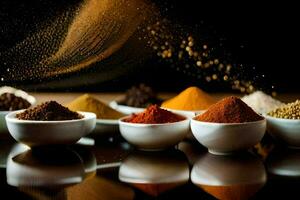 spices in bowls on a black background. AI-Generated photo