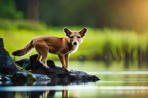 a dog standing on a rock in front of a lake. AI-Generated photo