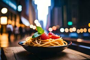 a plate of spaghetti with strawberries and basil on a wooden table in the city. AI-Generated photo