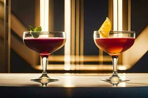 two cocktails sit on a table with a light behind them. AI-Generated photo