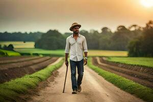a man walking down a dirt road with a cane. AI-Generated photo