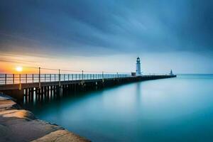 un largo exposición fotografía de un faro a puesta de sol. generado por ai foto