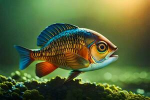 a fish with bright colors is standing on the grass. AI-Generated photo