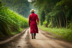 a man in a red coat and hat walking down a dirt road. AI-Generated photo