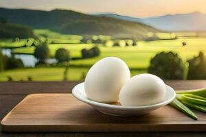 two eggs in a bowl on a wooden table. AI-Generated photo