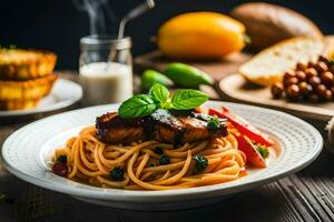 spaghetti with meat and vegetables on a wooden table. AI-Generated photo