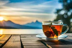 un taza de té en un de madera mesa con un lago en el antecedentes. generado por ai foto