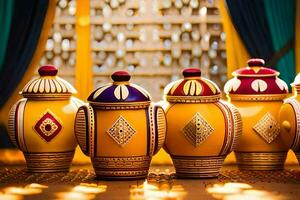 a row of colorful vases with designs on them. AI-Generated photo