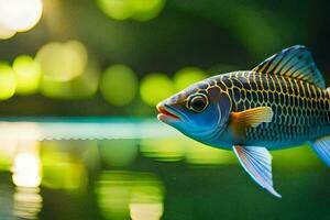 un pescado nadando en el agua con un verde antecedentes. generado por ai foto