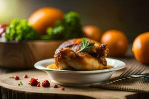 chicken breast with orange sauce and vegetables on a wooden table. AI-Generated photo