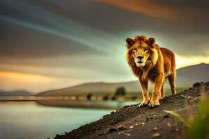 a lion stands on the edge of a lake at sunset. AI-Generated photo