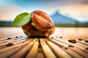 a chicken on a bamboo mat with a mountain in the background. AI-Generated photo