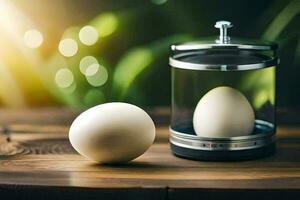 an egg is sitting next to a glass jar. AI-Generated photo