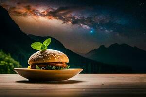 el hamburguesa es en un de madera mesa en frente de un montaña rango. generado por ai foto